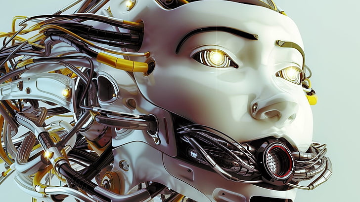 бял робот дигитален тапет, научна фантастика, робот, дигитално изкуство, произведения на изкуството, киберпънк, HD тапет