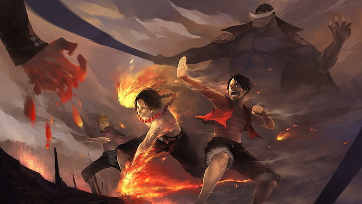 One Piece, whitebeard, awesome, dark, fight, marco, fire, anime-boys, one-piece, pirates, anime, weapon, battle, HD wallpaper