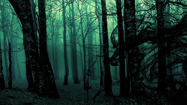 гора, зелено, дървета, тъмно, природа, призрачно, дигитално изкуство, HD тапет