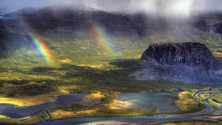 природа пейзаж Швеция река радуги гора лес аэрофотоснимок долина солнечный свет облака туман, HD обои