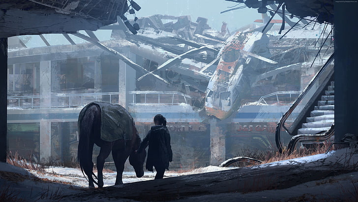 svart häst, The Last of Us, videospel, ruin, konceptkonst, apokalyptisk, konstverk, häst, digital konst, HD tapet