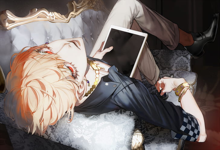 Male, Gilgamesh, FGO, Fate/Grand Order, iPad, red eyes, blonde, gold, couch, HD wallpaper