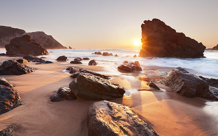 Praia Da Adraga, spiagge, costiere, natura, oceano, fotografia, portogallo, praiadaadraga, costa rocciosa, sabbia, sintraportugal, tramonto, sole, acqua, Sfondo HD