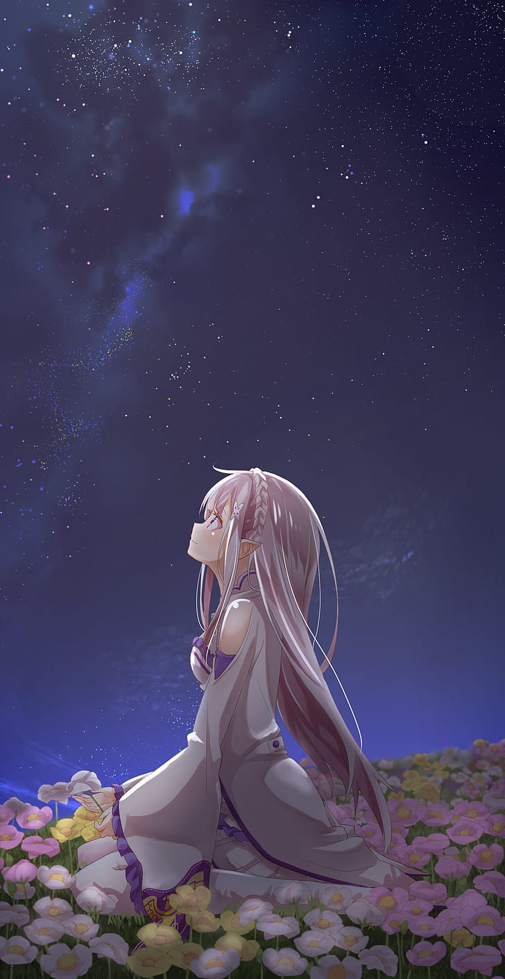 Sterne, Emilia (Re: Zero), Re: Zero Kara Hajimeru Isekai Seikatsu, Hochformat, spitze Ohren, Landschaft, HD-Hintergrundbild, Handy-Hintergrundbild