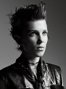 Millie Bobby Brown, actress, Interview magazine, monochrome, collar, simple background, tie, looking into the distance, dark hair, jacket, portrait, HD wallpaper HD wallpaper