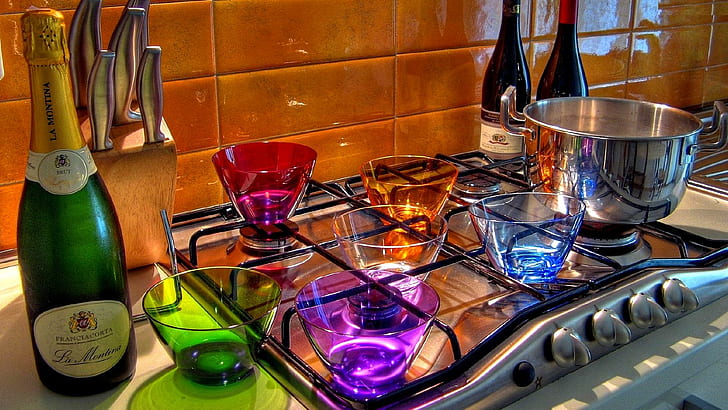 Mother's Day Special, stove, special, colors, glasses, mothers, champagne, kitchen, utensils, 3d and abstract, HD wallpaper
