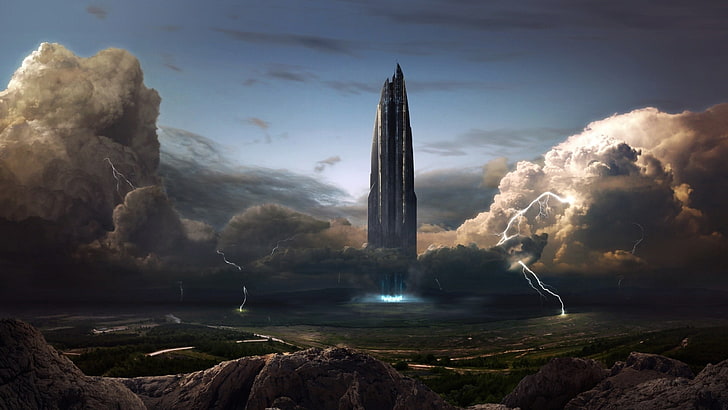 torre gris, escena de la película, obra de arte, arte digital, nave espacial, tormenta, naturaleza, paisaje, ciencia ficción, cielo, nubes, futurista, Fondo de pantalla HD