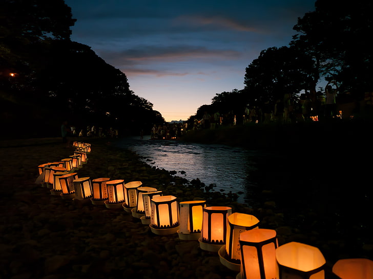 lot de lanterne à bougie, Japon, lumières, religion, nuit, lanterne, Fond d'écran HD