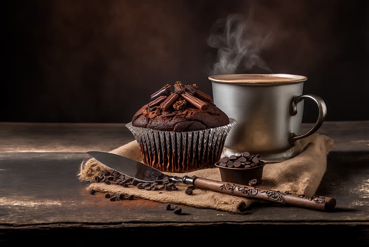 AI-Kunst, Kaffee, Dampf (Dampf), Schokolade, Muffins, Kaffeetasse, HD-Hintergrundbild