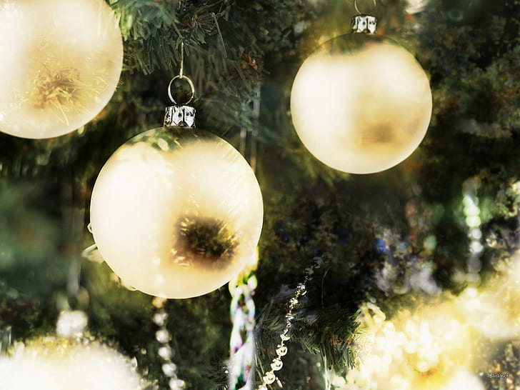 new year, christmas, ornaments, spheres, gold, fur-tree, beads, 3 yellow baubles, new year, christmas, ornaments, spheres, gold, fur-tree, beads, HD wallpaper