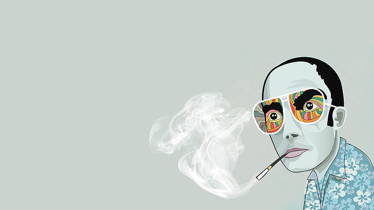 ilustração de homem fumando cigarro, Hunter S. Thompson, minimalismo, óculos, medo e ódio em Las Vegas, fumo, psicodélico, fundo simples, HD papel de parede
