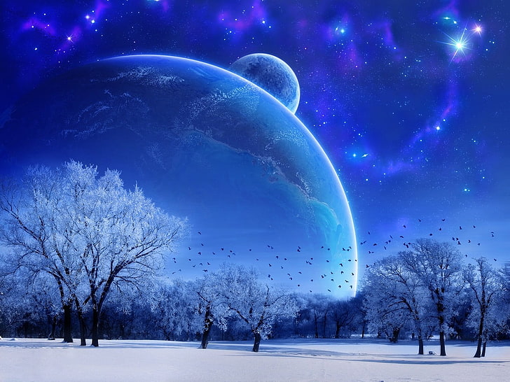 white tree illustration, planet, sky, trees, winter, digital art, space art, HD wallpaper