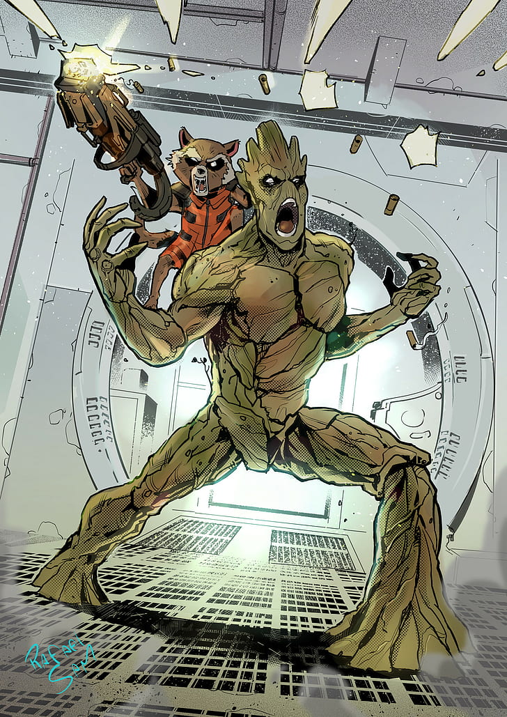 Рафаел Сам, илюстрация, Marvel Comics, Groot, Rocket Raccoon, пистолет, Guardians of the Galaxy, HD тапет, тапет за телефон