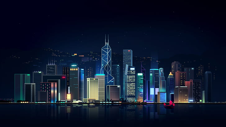 Reflection, Sea, Hong Kong, Night, Vector, The city, Neon, Ship, Light, Style, Building, China, Architecture, Art, Graphics, Lighting, Romain Trystram, by Romain Trystram, Bank Of China Tower, HD wallpaper