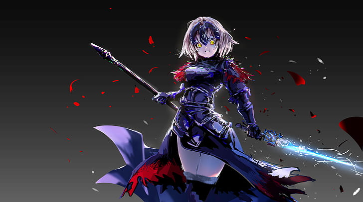 Jeanne darc alter armor Avenger (FateGrand Order) gry wideo anime girls FateGrand Order żółte oczy blond miecz włócznia krótkie włosy Fate Series, Tapety HD