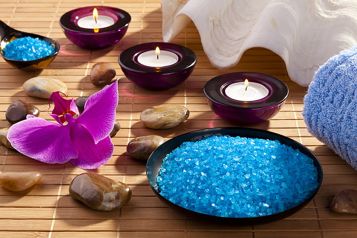 three purple candle holders, candles, Orchid, sea salt, Spa stones, HD wallpaper