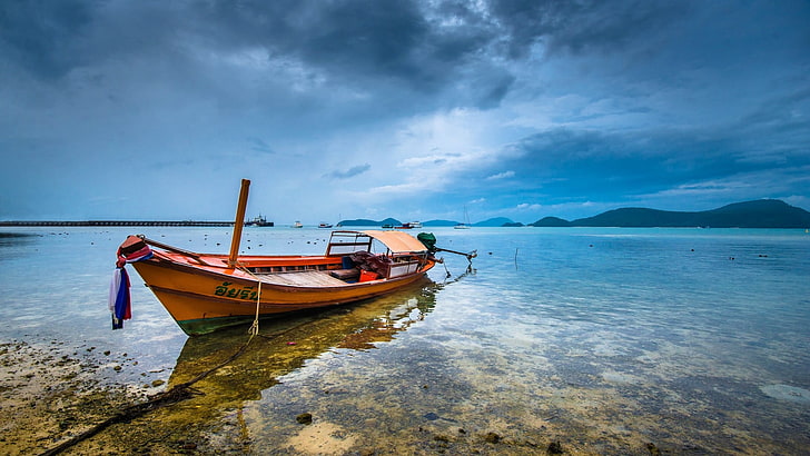 barca di legno rossa, natura, paesaggio, acqua, nuvole, riflesso, colline, Tailandia, nave, mare, molo, Sfondo HD
