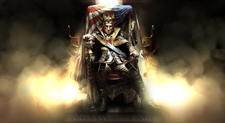 Assassin's Creed III Джордж Вашингтон, крал, седнал на живопис на трон, Игри, Assassin's Creed, видеоигра, 2012, Assassin's Creed III, Assassin's Creed 3, Джордж Вашингтон, HD тапет