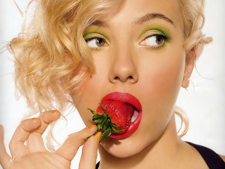 wanita, Scarlett Johansson, berambut pirang, aktris, lipstik merah, eyeshadow, closeup, mulut terbuka, Wallpaper HD