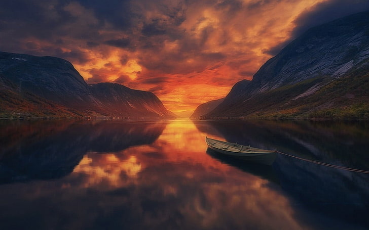 plan d'eau, été, coucher de soleil, lac, montagnes, bateau, eau, reflet, paysage, Norvège, nature, ciel, nuages, Fond d'écran HD