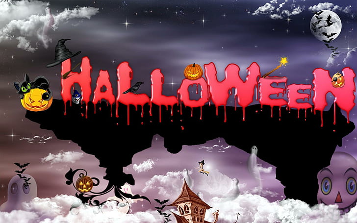 Halloween XIII, house, pumpkin, ghost, stars, halloween, witch, moon, clouds, HD wallpaper