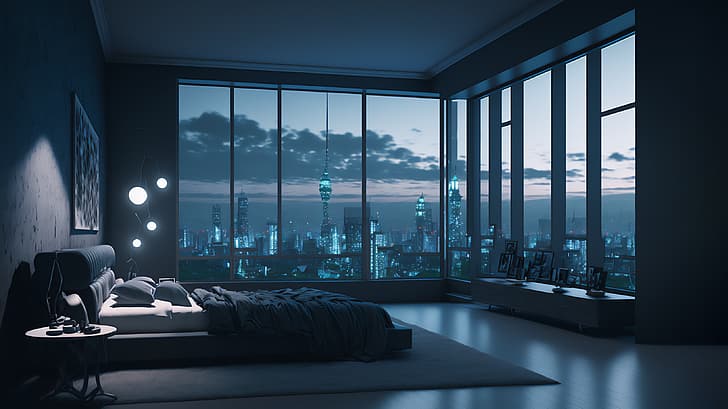 AI art, interior, dormitorio, hora azul, Fondo de pantalla HD