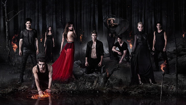 The Vampire Diaries, Elena Gilbert, Paul Wesley, Ian Somerhalder, Stefan Salvatore, Damon Salvatore, Nina Dobrev, Sfondo HD
