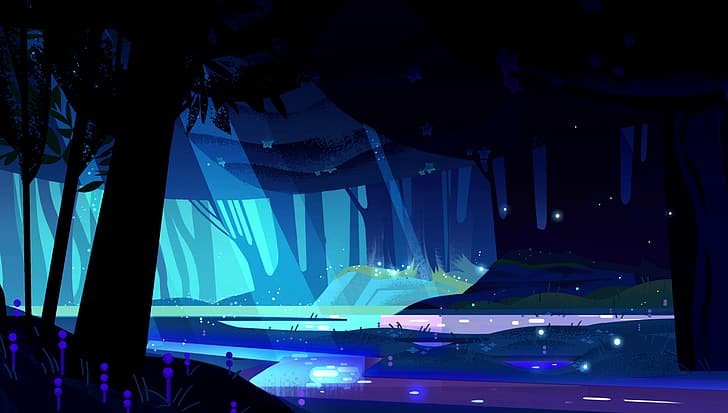Steven Universe, bosque, paisaje, arte de fantasía, ilustración, arte digital, árboles, río, plantas, colorido, tonos, Fondo de pantalla HD
