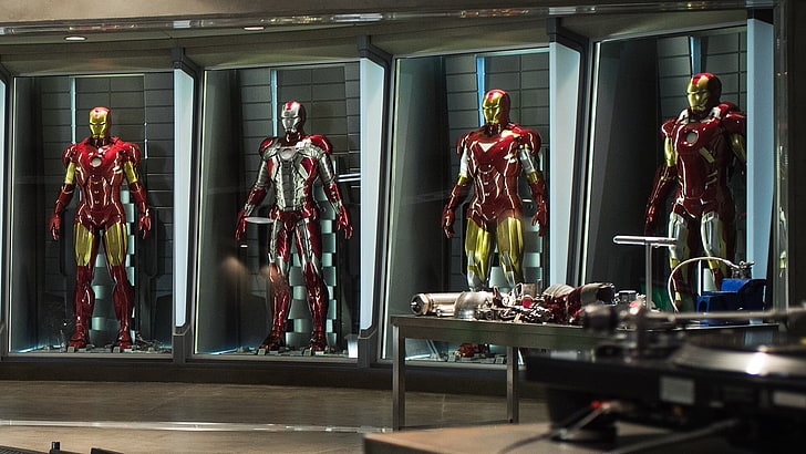 cztery kostiumy Iron Mana, Iron Man, Iron Man 3, The Avengers, Tapety HD