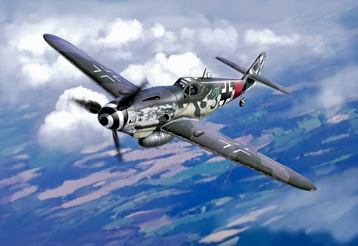 black fighter plane, war, art, airplane, painting, aviation, ww2, bf 109, german fighter, HD wallpaper