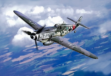 black fighter plane, war, art, airplane, painting, aviation, ww2, bf 109, german fighter, HD wallpaper HD wallpaper