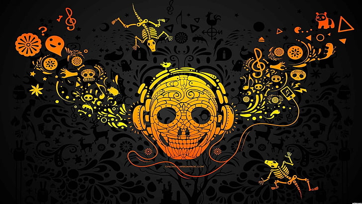 orange and yellow skull with headphones digital wallpaper, music, DJ, HD wallpaper
