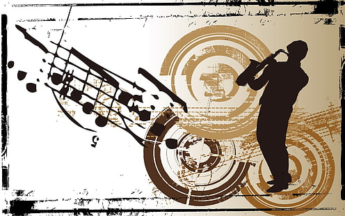 トランペットの図、音楽、アートワーク、サックス、シルエットを演奏する男のシルエット、 HDデスクトップの壁紙 HD wallpaper
