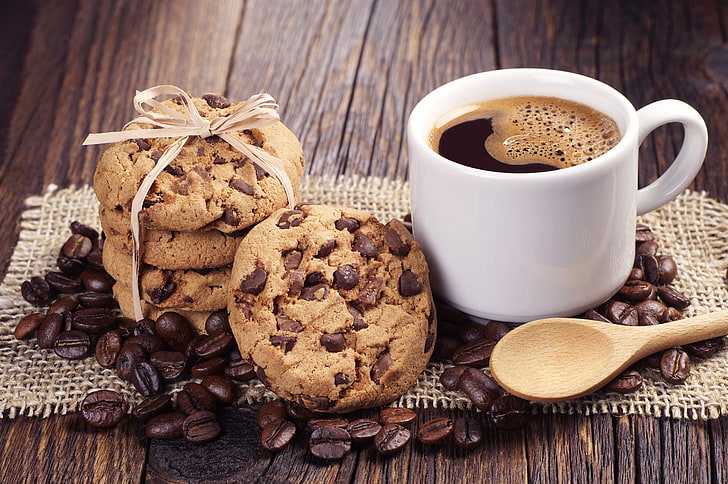 Kekse, Kaffee, Tasse, Kaffeebohnen, Getränke, Essen, HD-Hintergrundbild