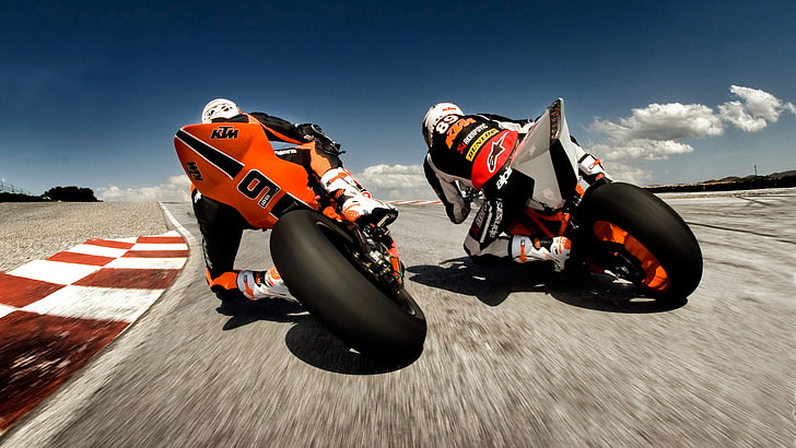 white and orange KTM RC sports bikes, motorcycles, speed, track, racers, HD wallpaper