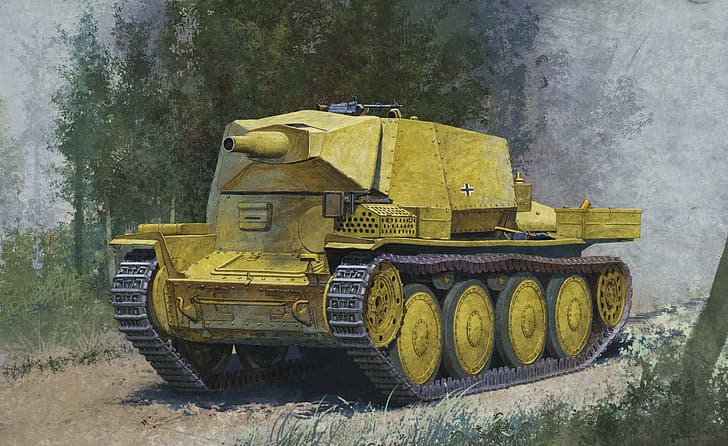 road, forest, trees, art, chassis, weapons, guns, new, gun, as, which, adopted, type, 75 mm, artillery., Scout tanks, organizational, Panzerkampfwagen 38(t), was, assault, were, 38(T)m. 7.5 cm KW.K, German, submission, HD wallpaper