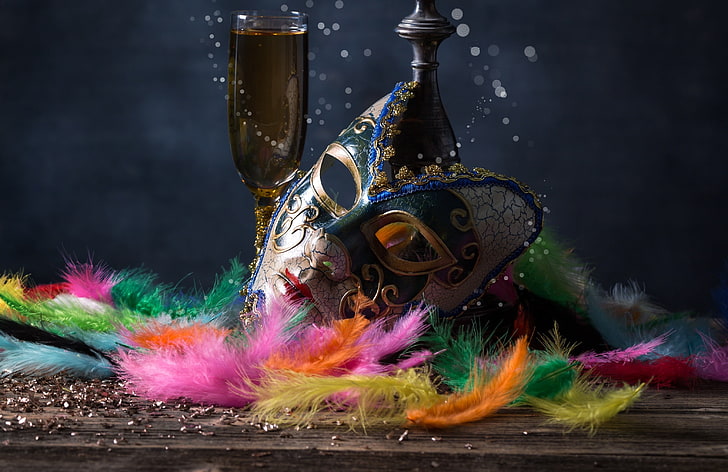 black and red fish painting, festivals, mask, venetian masks, feathers, drink, HD wallpaper