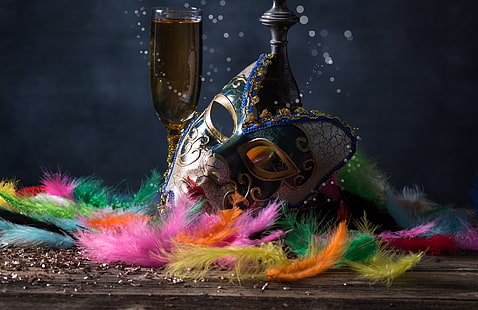 black and red fish painting, festivals, mask, venetian masks, feathers, drink, HD wallpaper HD wallpaper