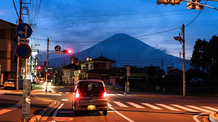 Japan, city, urban, Tokyo, Mount Fuji, sunrise, city lights, traffic lights, traffic signs, street, car, vehicle, Tailights, crosswalk, HD wallpaper