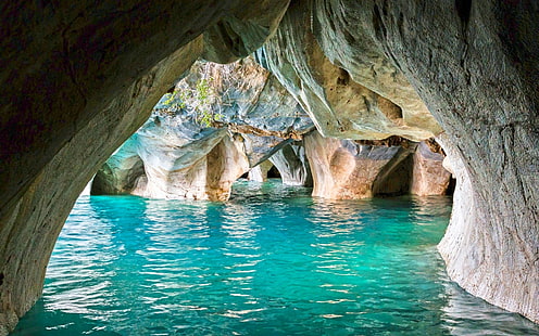 Nature, Landscape, Chile, Cave, Lake, Erosion, Turquoise, Water, Marble, Cathedral, nature, landscape, chile, cave, lake, erosion, turquoise, water, marble, cathedral, HD wallpaper HD wallpaper