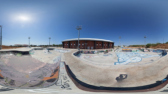 Skate Park Skateboarding Sunlight Fisheye HD ، حديقة التزلج ، الرياضة ، ضوء الشمس ، المنتزه ، عين السمكة ، التزلج على الألواح ، التزلج ، التزلج، خلفية HD HD wallpaper