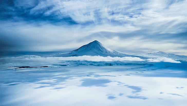 mountain under white clouds, Instagram, Photo, mountain, white clouds, snow, nature, mountain Peak, winter, ice, landscape, outdoors, scenics, volcano, HD wallpaper