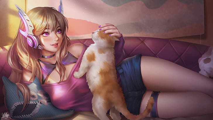 Yellow Lemon Cat, drawing, Arena of Valor, women, brunette, headsets, relaxing, purple hair, pink clothing, cats, purple nails, couch, HD wallpaper