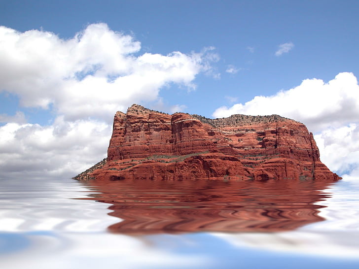 Extraño barco, agua, reflexión, formación rocosa, azul, nubes, 3d y abstracto, Fondo de pantalla HD