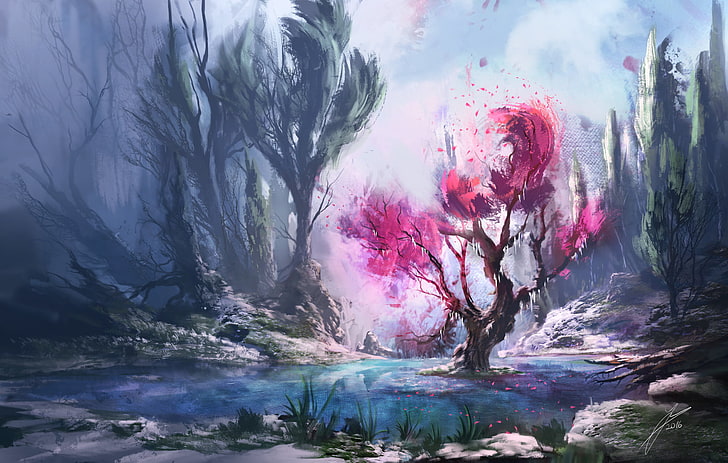 red leaf tree and river painting, digital art, fantasy art, trees, painting, HD wallpaper