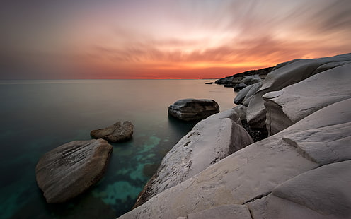 Seascape, Rocks, Coastal, Sunset, Ocean, Cyprus, Wallpaper HD HD wallpaper