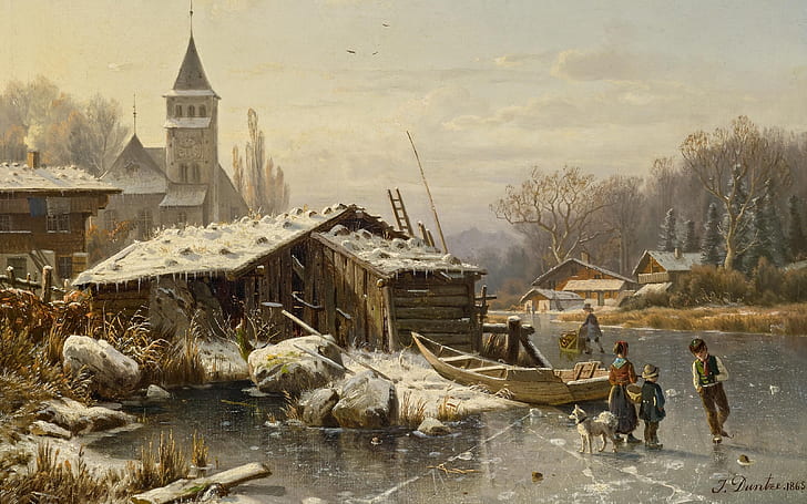 1865, German landscape painter, Winter day, oil on canvas, Wintertag, John Bartholo Mouse Duntze, Johannes Bartholomew Dunta, HD wallpaper