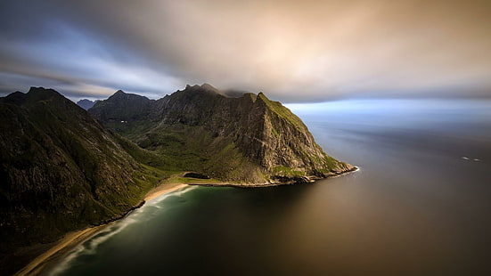 Noruega, costa, Europa, nube, nublado, montañas, bahía, Kvalvika, Lofoten, fiordo, Fondo de pantalla HD HD wallpaper