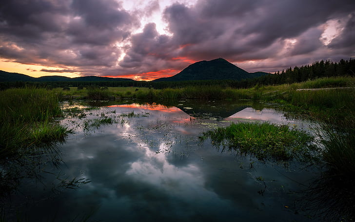 Sunset Sky With Dark Black Clouds Behind The Most Famous Volcano Of Auvergne, France Desktop Wallpaper Hd 2560×1600, HD wallpaper