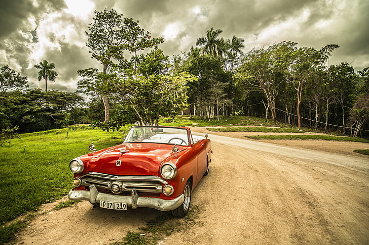 forest, oldtimer, car, cuba, travel, red, old, HD wallpaper